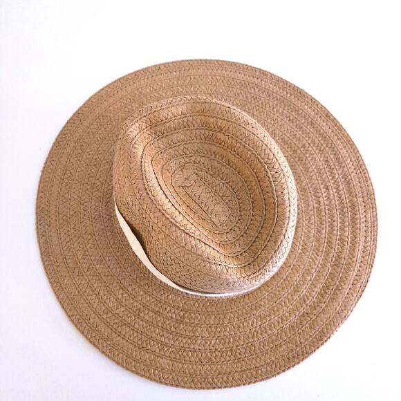 Madewell Tan Straw Packable Wide Brim Hat S/M Warm Nutmeg with White Band - Picture 4 of 8